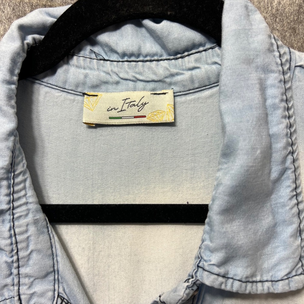 In Italy Chambray Denim Shirt‎ Dress Pockets Button Down Short Sleeve Light Wash - Picture 2 of 10